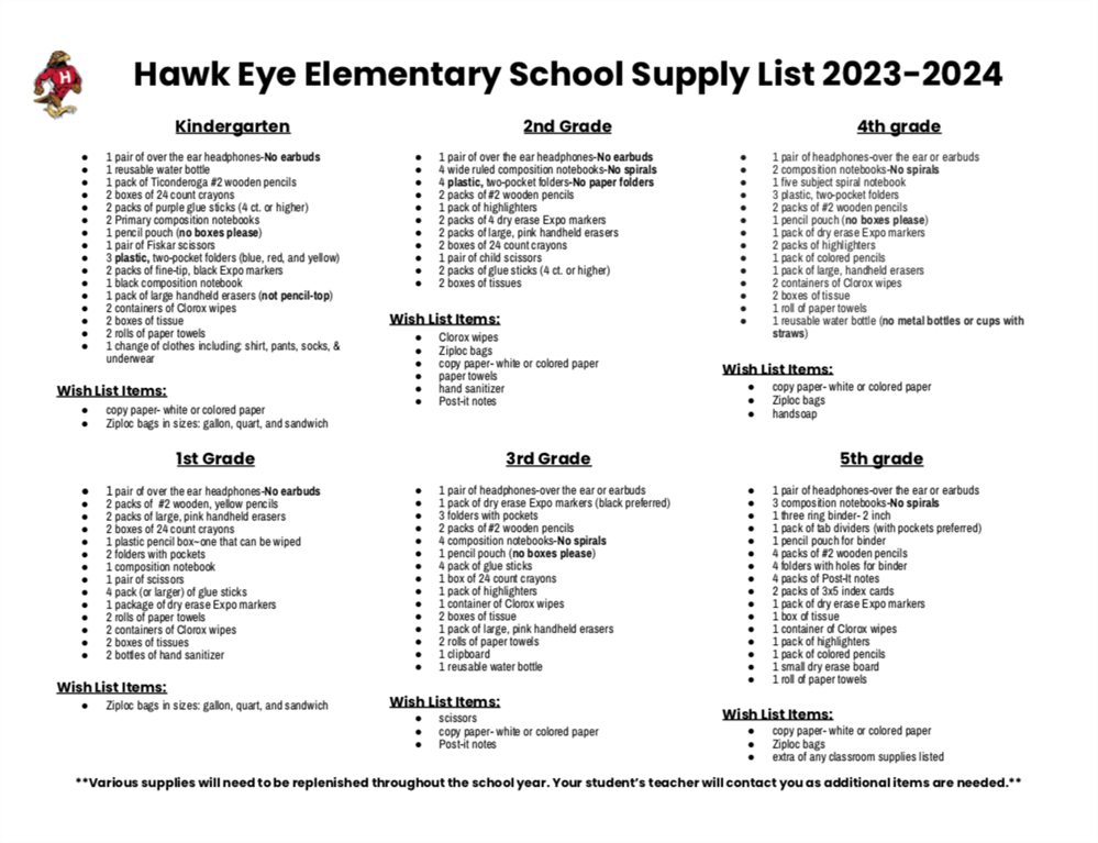  School Supply List